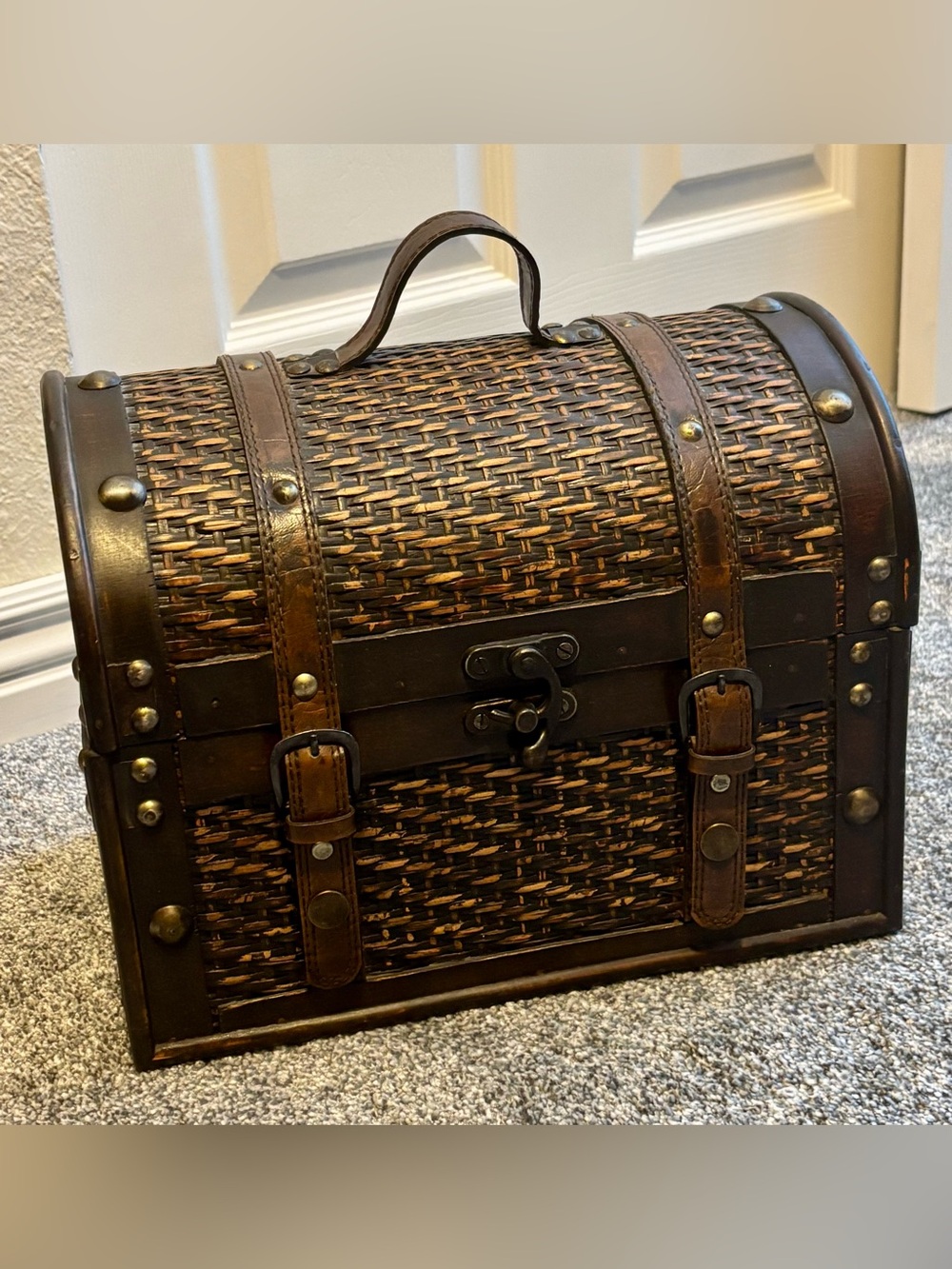 Woven Decorative Wood Chest with Faux Leather Straps